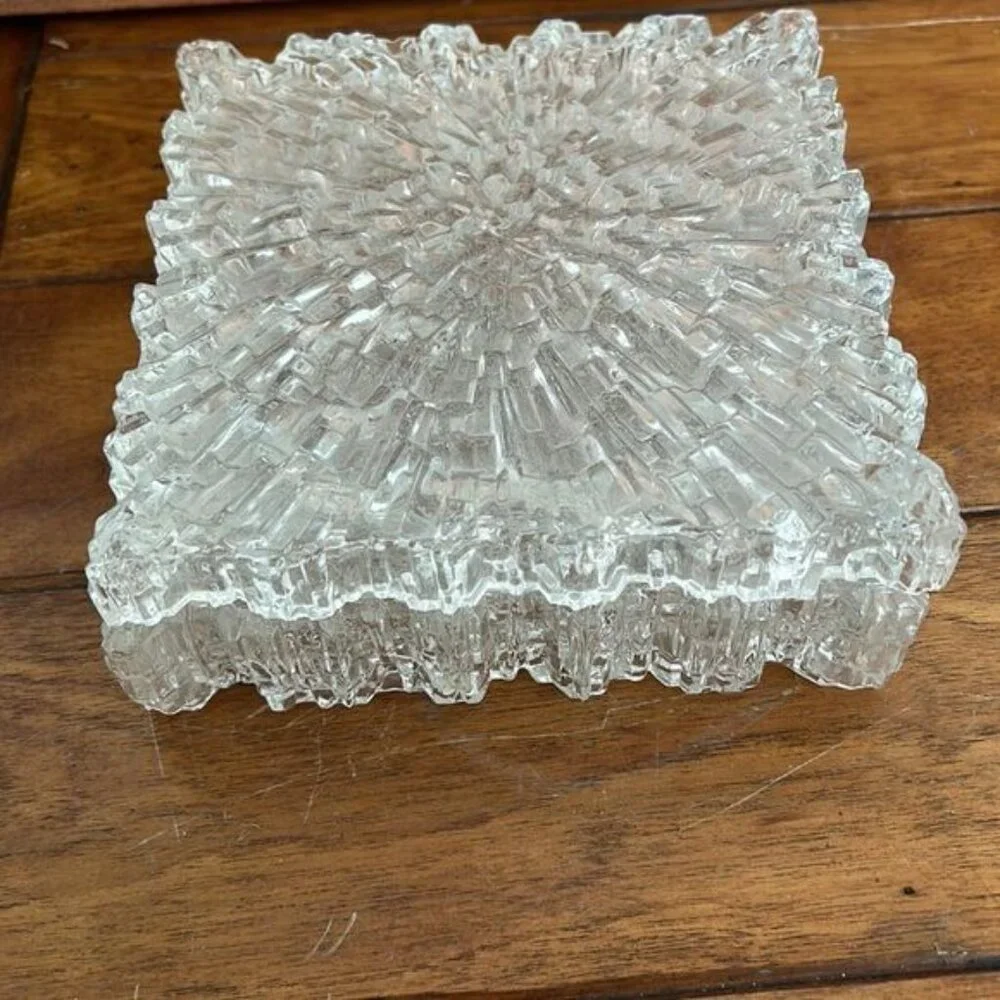 VTG Ice Glass Square Textured Crystal Dish | Mid Century Modern